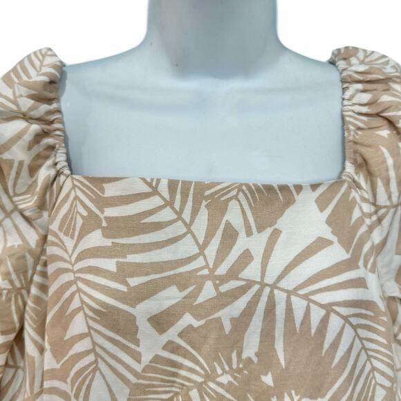 Ann Taylor LOFT Tan Palm Leaf Linen Square Neck Puff Sleeve Dress sz 12 NEW Tags - Picture 11 of 13